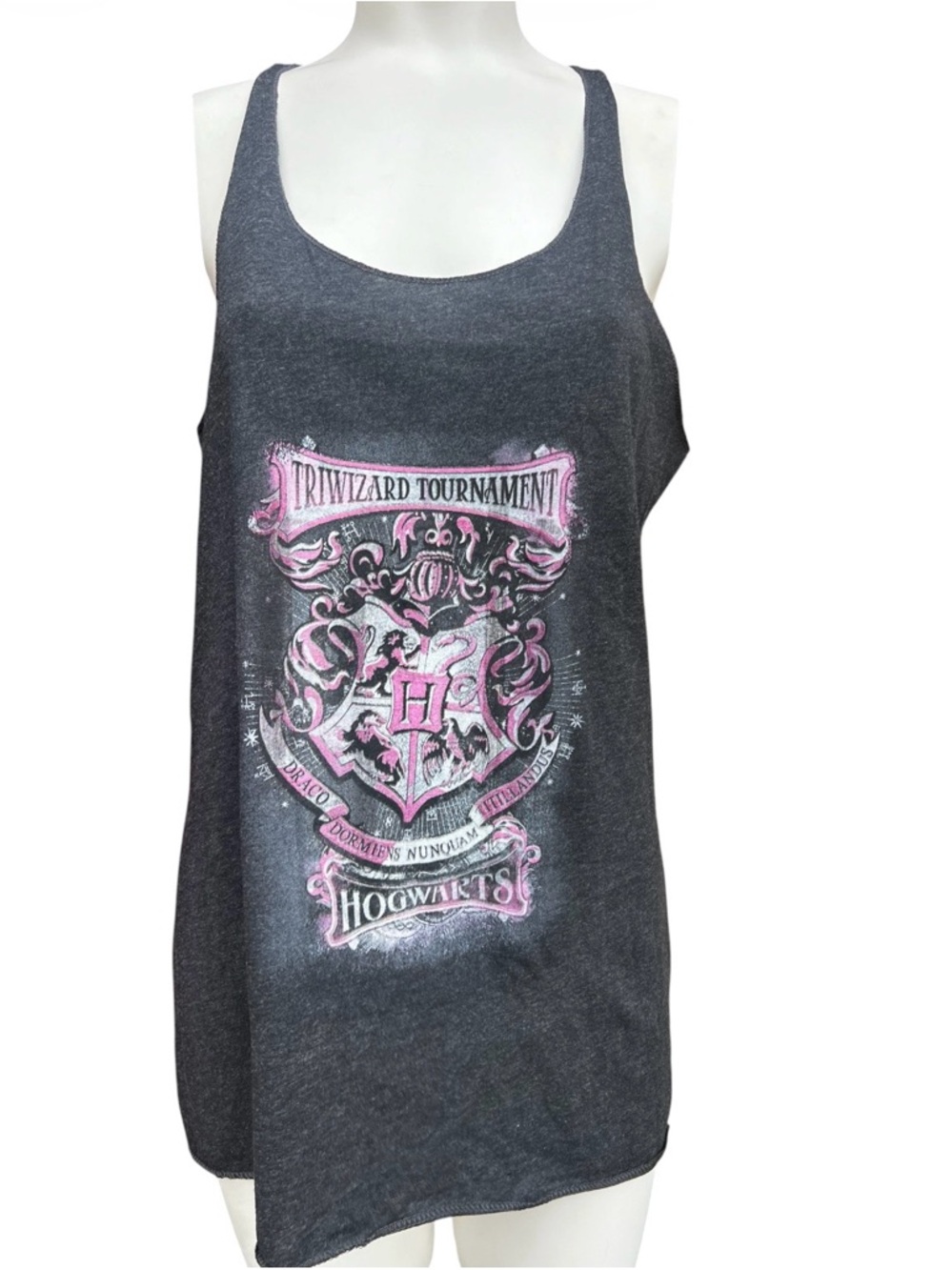Next Level Apparel Charcoal Tank Top with Pink Hogwarts Crest - Picture 2 of 5